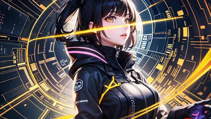 from future intelligence, technology background, complex mystery, unexpected variables, sudden result, strange things, transient waves, light fog, colorful signals, confident look, space black pioneer dress, yellow eyes, black hair