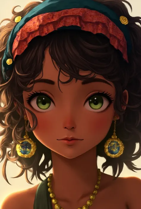 girl, with curly hair with bandana, short layered hair, light blacks, with ornament and beads in the hair, greeneyes, brown skin