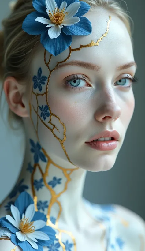 "Ultra-realistic portrait of a woman with porcelain-like white skin, decorated with intricate patterns of blue and gold flowers, inspired by kintsugi and oriental porcelain. The gold cracks run across her face and neck, integrating the floral details, with...