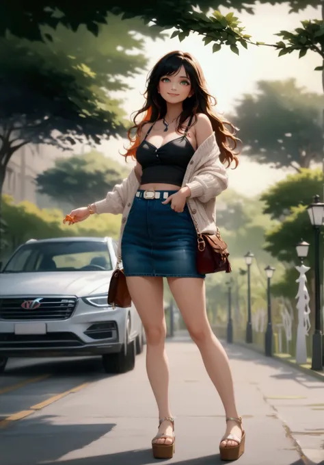 pretty woman, smiling, standing posed at green park, car behind her, evening sky, (black long wavy hair), wears  beige long sleeves cardigan, orange-brown carmisole, denim pencil mini skirt with white belt, brown bag, platform sandals, BREAK, (1girl, solo,...