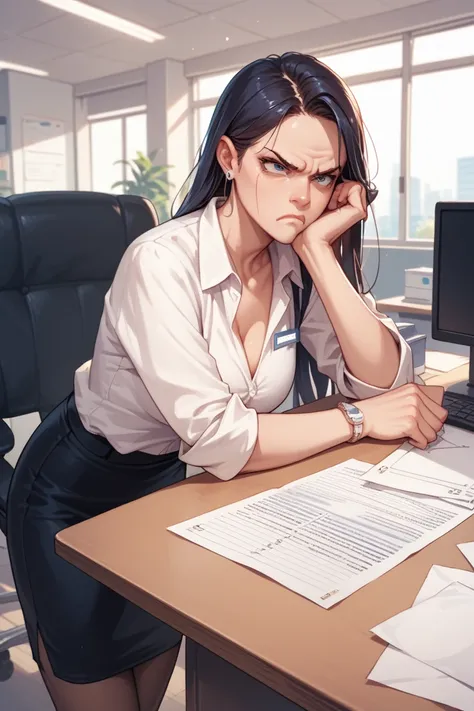 anime, office, working, girl, angry, table, depressed, dark, frustrated, standing, throwing things/paper