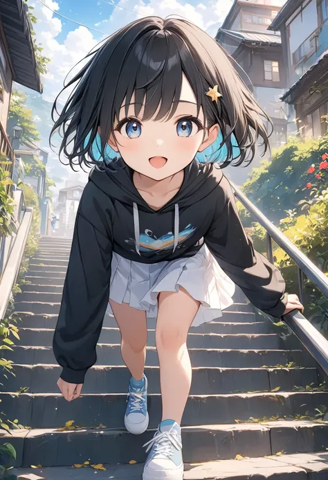 Anime、(( surprisingly wacky )),(  Masterpiece  :1.2),超 high definition ,  attention to detail,  High Quality ,  high definition , 最 High Quality , 4K, 8k、 black hoodie 、White Skirt、 black hair、 shorthair、cute、Climbing the stairs、Stairs to a brighter future...