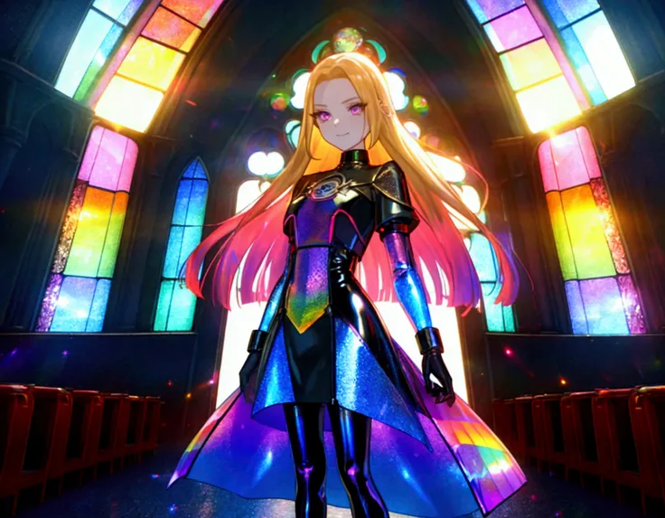 The background is a sunset sunset 、 medieval cityscape with basket、Inside the kaleidoscope、 stained glass background 、Legendary Scenery 、 mythical scenery unfolds、The cathedral shines brightly、red and green contrast 、Path of Light、 Edelgard in black armor,...