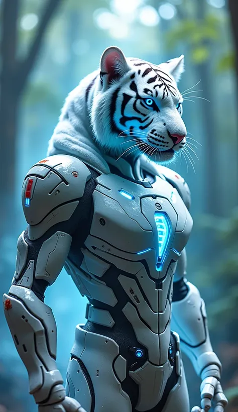 "A powerful fusion between a futuristic tech superhero and a ghostly white tiger. The figure features sleek metallic armor with glowing neon circuits, a retractable energy shield, and jet thrusters. The ghost tiger element has shimmering, semi-transparent ...