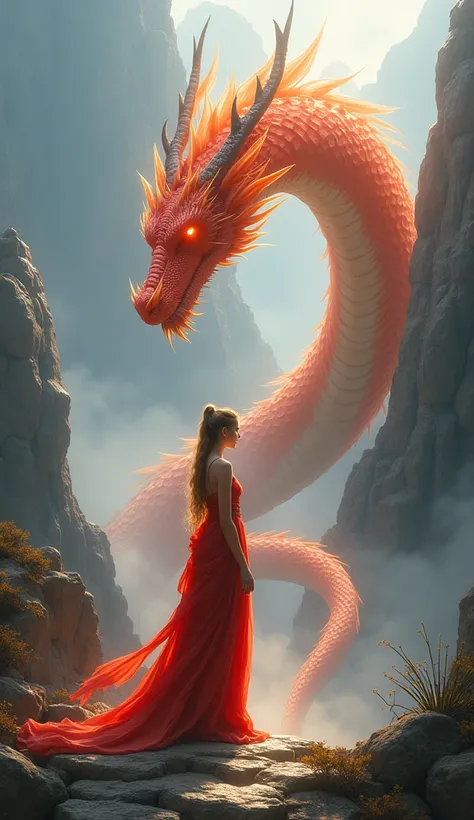 A graceful girl in flowing red and gold robes, standing proudly beside a giant dragon spirit with glowing red scales, coiling through the misty mountains.