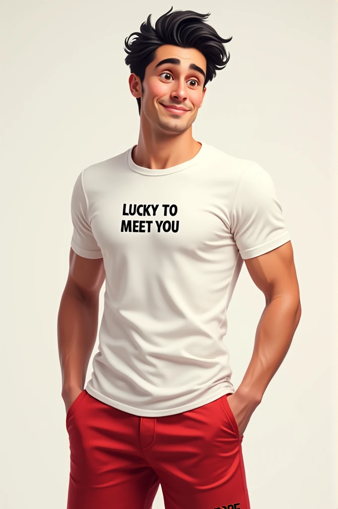 Create a 27-year-old man , Joe Goldberg,  with short wavy black hair ,  dark brown eyes,  wearing a white t-shirt and red shorts . The white t-shirt has a text written "LUCKY TO MEET YOU" just below the print .  The red shorts also have the same text  "LUC...