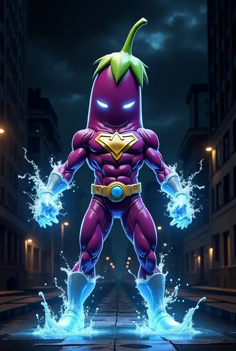 same like image Eggplant super hero used her water power for ready to  fight 