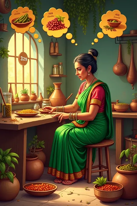 "An eye-catching and creative business poster featuring an aunt wearing a vibrant green saree, sitting on a wooden stool in a traditional rural kitchen. She is making pickle using an old-style setup with sticks, a stone mortar, and pestle. Around her, ther...