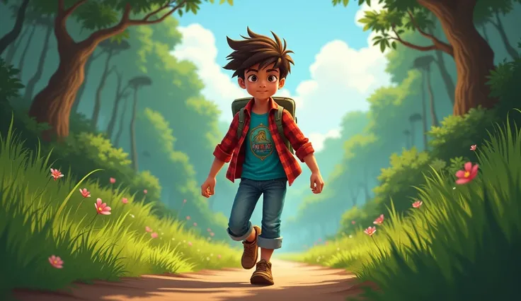 A wide shot of Arjun The character is a young boy aged 10 to 12 with spiky brown hair, wearing a red plaid shirt over a blue graphic T-shirt and rolled-up jeans. His alert expression and energetic posture show that he is quick-thinking and ready for action...