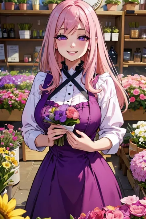 Perfect face. Perfect hands. A pink haired woman with violet eyes and an hourglass figure in a cute dress is smiling while picking out flowers in a floral shop with a nervous smile. 