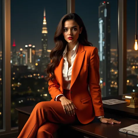 professional photograph of breathtaking very beautiful tanned skin hour figure glass female Pakistani Pathan model with brown hair, perfect face, clear faces, sharp faces, bright features, business woman, executive woman, orange suit, dress shirt, striped ...