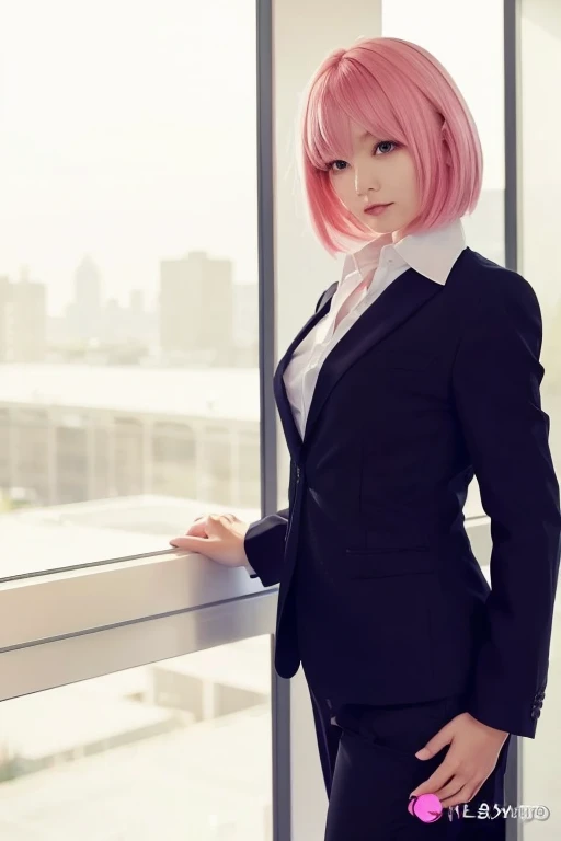 A young beautiful office lady with pink bob short haiir and wearing black suit and pants, standing near a window.