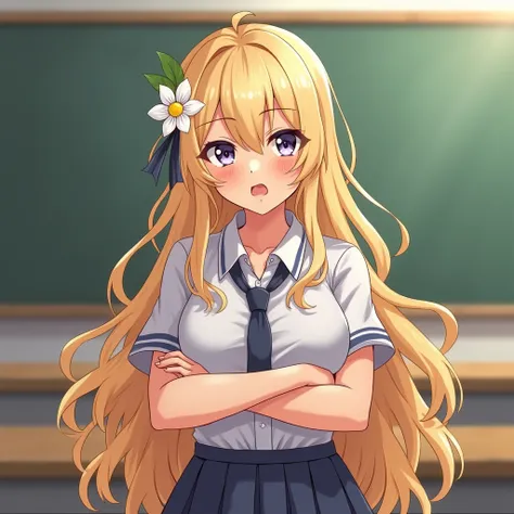 1 ,  long hair , Blush, fringe,  blonde hair ,  wavy hair, fringe entre os olhos,  Big breasts , taken, irritated, Flower on the head, anime,  a tall woman, Tanned and muscular with arms crossed in school uniform in the classroom