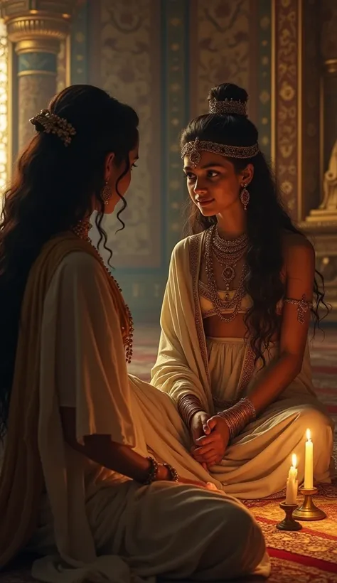 Here’s a detailed and artistic prompt for the described scene:


---

A dimly lit royal chamber adorned with intricate patterns and golden ornaments. Vyasa, a sage with an aura of wisdom and intensity, sits in quiet anticipation. A beautiful maid enters, h...