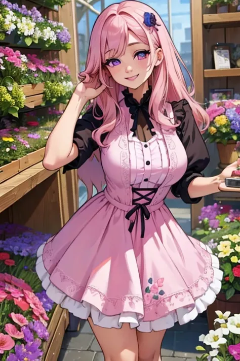 Perfect face. Perfect hands. A pink haired woman with violet eyes and an hourglass figure in a cute dress is smiling while picking out flowers in a floral shop with a nervous smile.
