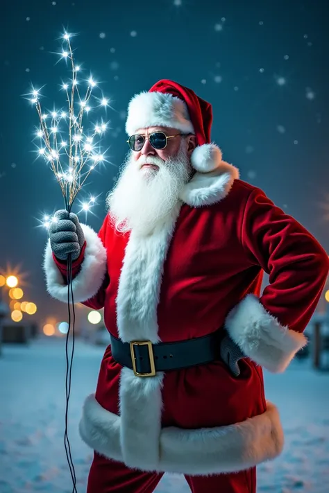 Santa Claus with sunglasses holding cool white Christmas lights, 