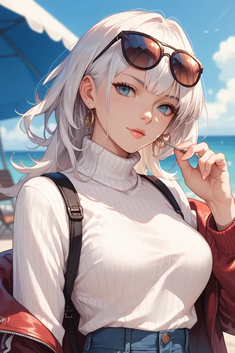 satoru gojo, female version, wearing sunglasses, turtleneck, white hair, anime style