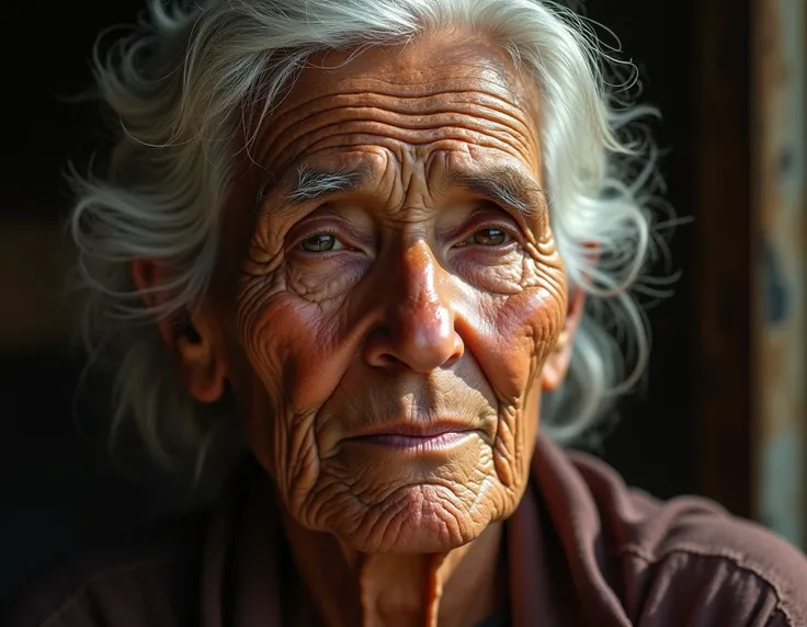 A woman of approximately 57 years old, with brown skin marked by years of exposure to the sun. Her face is full of wrinkles that intensely tell stories of a vivid life, and her white hair shines in the natural light, conveying wisdom and serenity.