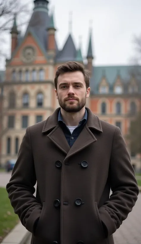 A 39-year-old in a wool coat standing near a historic building.