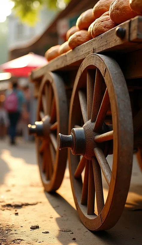 Close-up of the wheels of the bread cart. at the market. Beautiful sunny morning