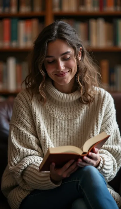 A 35-year-old in a cozy sweater reading a book in a library.