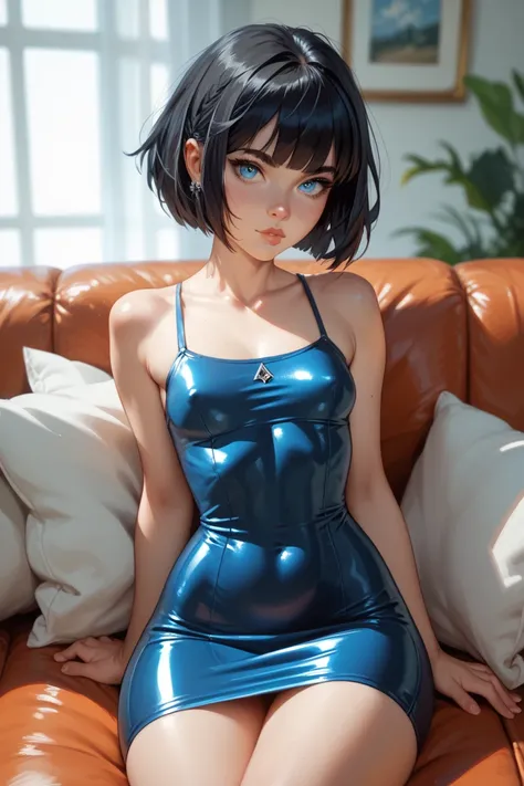   girl ,  Black hair ,  short hair,  is sitting on the sofa,  blue eyes,  small breasts ,  wide hips, tight-fitting dress, раздвигает ноги