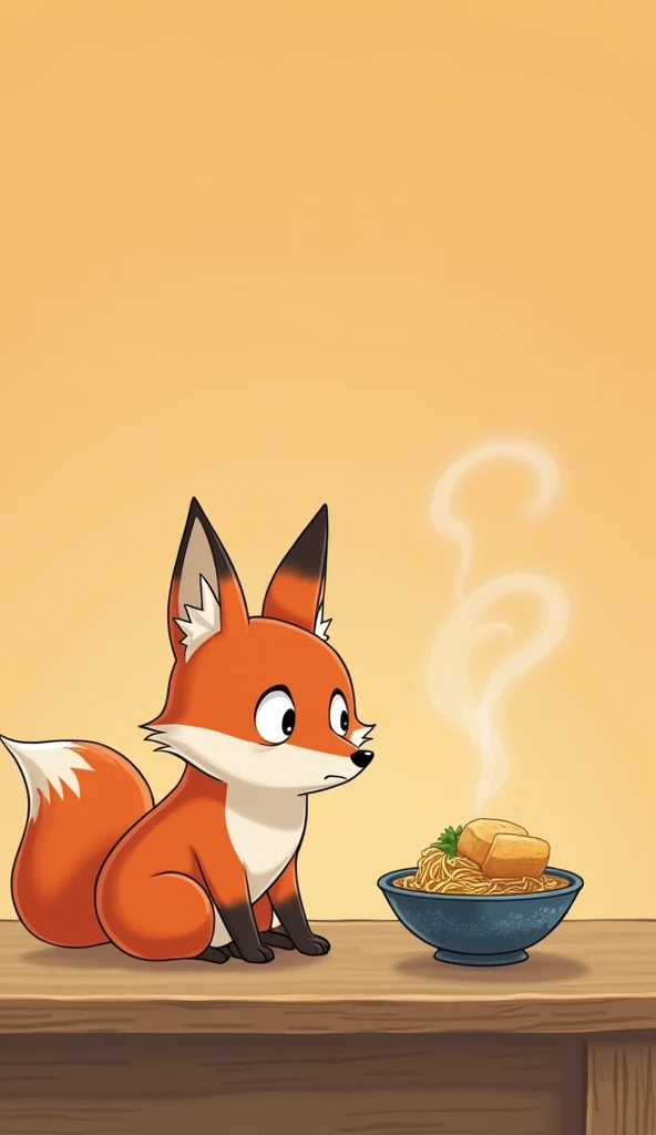 A single fox illustrated in Studio Ghibli style, sitting at a wooden table and looking deeply sad at a bowl of kitsune udon (a bowl of udon with broth, topped with a large piece of fried tofu). The scene features soft pastel tones and a hand-drawn texture,...