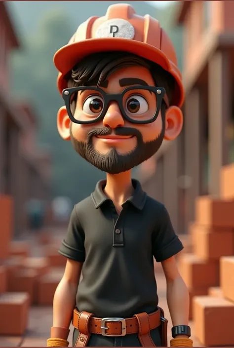 cartoon bricklayer of a man in black glasses and black polo shirt, straight hair, with beard, stylized character, full body, animation style rendering, 3d stylized, Arnold Maya rendering, 3d stylized rendering, keyshot toon rendering, 3D character, charact...