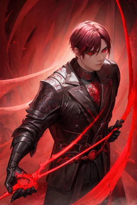 a young man with red eyes holding a glinting knife standing over a pile of s, surrounded by a red aura, highly detailed, photorealistic, cinematic lighting, dark and moody atmosphere, digital art, concept art, masterpiece