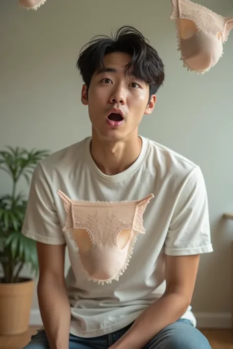 A young man Korean handsome, has face shocked as a panties Lace,  hits, has directly the panties is flying through the air, at has face, and has expression is a mix of surprise and humor, has wearing casual clothes, with a realistic style, but the scene ha...