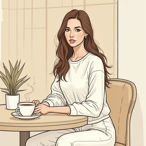  in coffee shop woman ,Long Hair, Long Hair, Brown Hair, simple drawing ,  Long pants and a long-sleeved white shirt , she look like cool type , no smile 