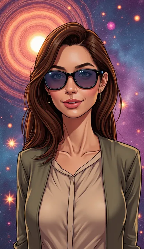 A modelo está usando óculos de sol de vidro com estrelas e a"An adult American woman in a comic book style, with realistic and elegant features. She is dressed in discreet, casual attire, such as a neutral-colored blouse and simple cardigan, appropriate fo...