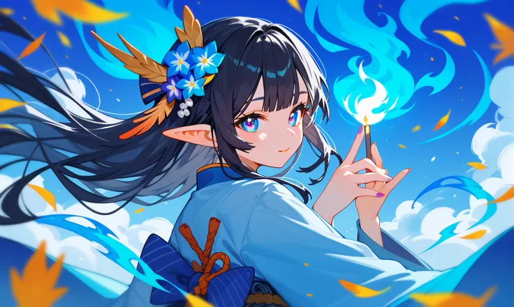 spiritual blue phoenix girl vtuber design, japanese blue flame, flower kimono, spirit blue flame, black hair elf ears, lilac eyes