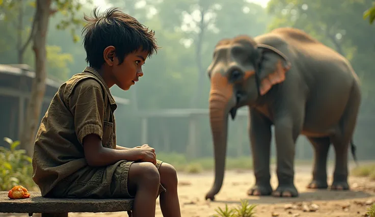 hyperillustration of an indigent boy in dirty clothes sitting on a bench in a zoo watching an old Indian elephant in his pit, They both stare at each other, Morning light 
