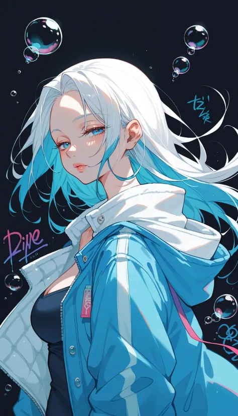 1girl, Alone, Chest, Viewer, blue eyes , Simple Background , black background , large breasts, Lazy, Half-closed eyes, Dye your hair, Bubbles, functional style jacket, upper body, Open clothes, abdomen, From the side, open jacket, Lips, oversized jack...