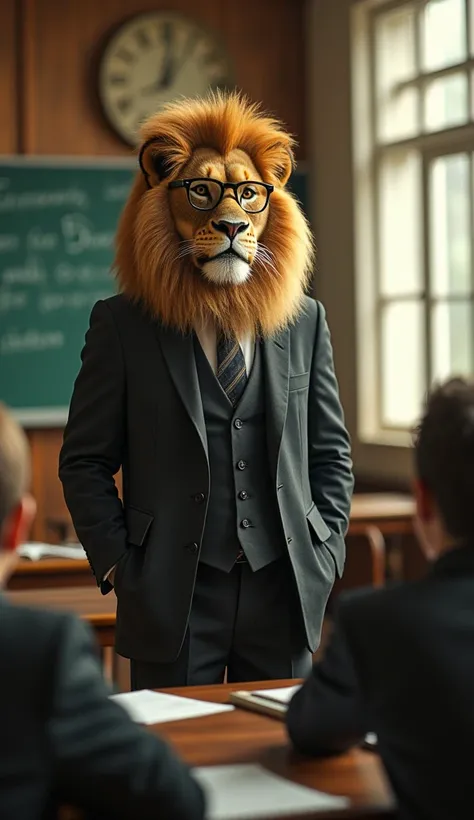 Surrealistic scenes in photorealistic style. A lion wearing a suit and black-rimmed glasses is teaching. The lion stands in front of the classroom and speaks enthusiastically to the students. There are blackboards and desks around the room, and warm natura...