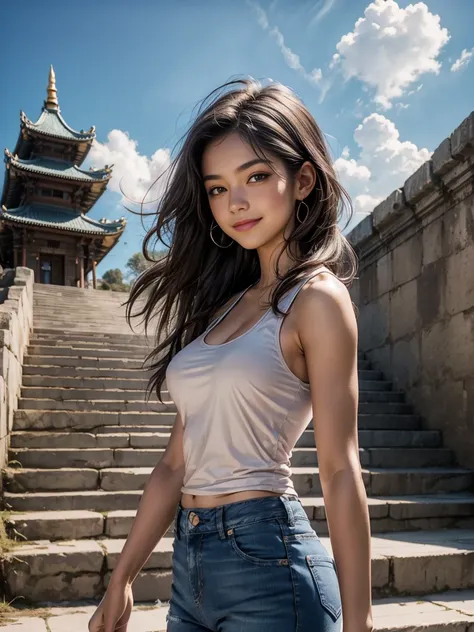 diona, upper body, smile, blush, outdoors, day, simple background, blue sky, long hair, sky, temple, looking at viewer, stairs, mountain, moody lighting, short jeans, large breast, tank top ,