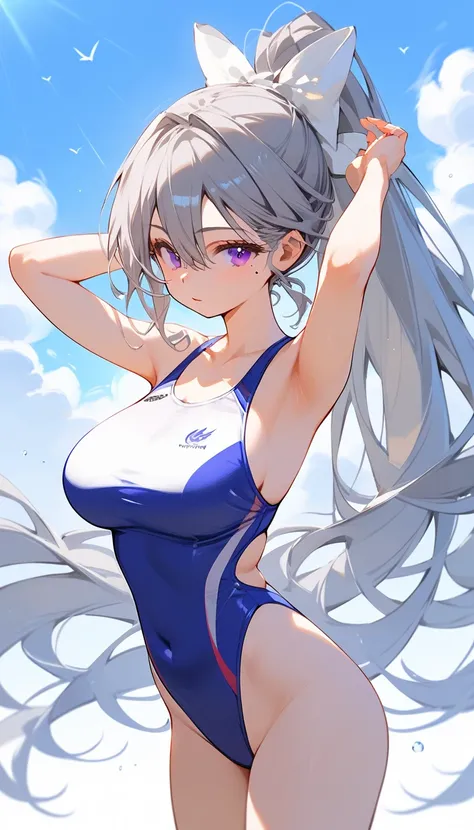 (8k,  best quality,   Masterpiece  :1.3), pose, 1 girl ,  very beautiful face  , random expression ,ＪＫ_ style  ,(Age 19),Big Breasts,hk1, purple eyes, grey hair, hair between eyes, long hair, very long hair, ponytail, mole, mole under eye, bow, white bow, ...