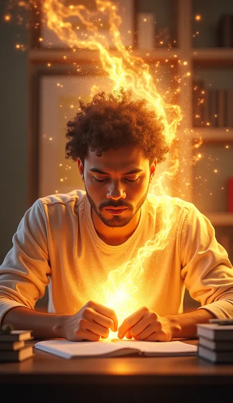 A visual representation of energy and vitality flowing into a person sitting at a desk studying. The person looks focused and energized, with bright, radiant energy entering their body, symbolizing an increase in energy and concentration. The energy flows ...