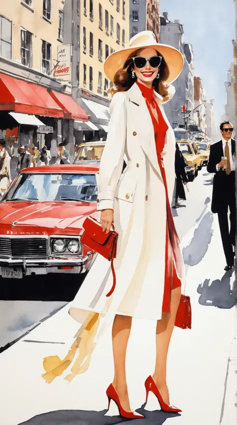 Pretty woman、1970s style, shopping、smile、whole body、Walking around the city、David Downton&#39;s Fashion Illustrations,red lipstick, georgious, fascinating, high fashioned, fancy dress, fashion colors