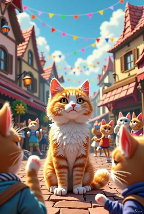 Illustration of the town square bustling with cats, all curious and excited for the Day of Talents. Fluffy the Persian is in the center, her elegant fur shining as she sings melodiously. Other cats are clapping their paws in joy.