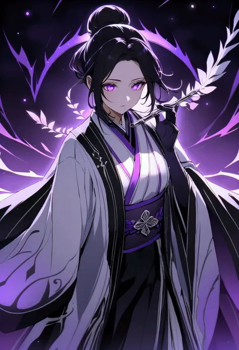 A young Shinigami captain in a setting that combines serenity and power. The character has long black hair with violet highlights tied in a high bun, with a few loose strands softening her features. Her intense violet eyes radiate calm and determination, r...