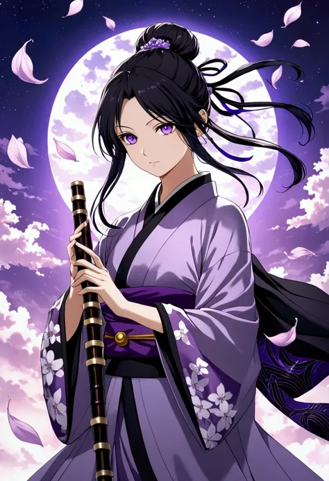 A young Shinigami captain in a setting that combines serenity and power. The character has long black hair with violet highlights tied in a high bun, with a few loose strands softening her features. Her intense violet eyes radiate calm and determination, r...