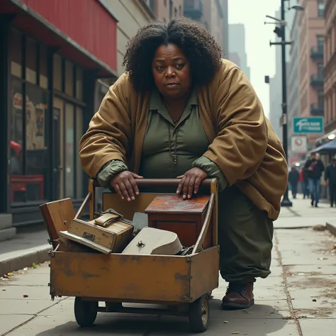 Image of Oprah Winfrey as an obese homeless black man pulling a cart full of old furniture on the sidewalk