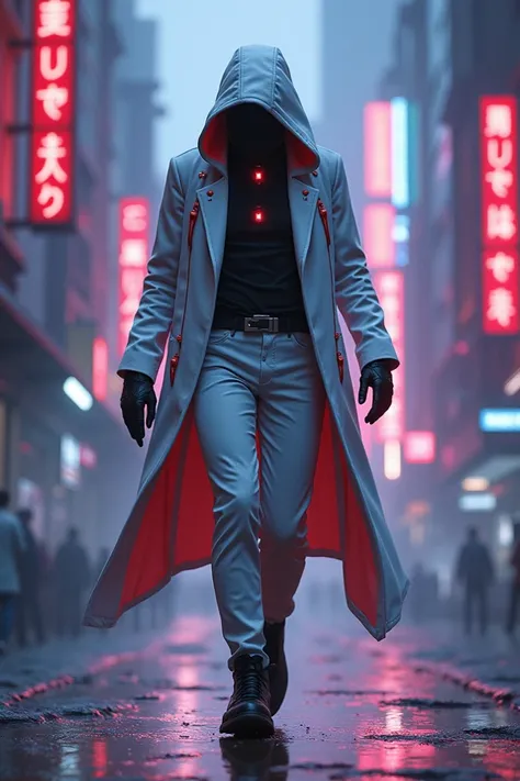 , an assassin wearing a colorful white hood and hip pants. The background is a neon city . Man with no visible skin