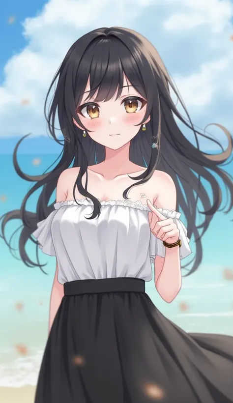 1girl, blurry, blurry background, depth of field, long hair, skirt, solo, breasts, jewelry, black hair, floating hair, looking at viewer, earrings, smile, lace, floral print, bangs, bare shoulders, black skirt, blush, lace trim, blurry foreground, wind, cl...