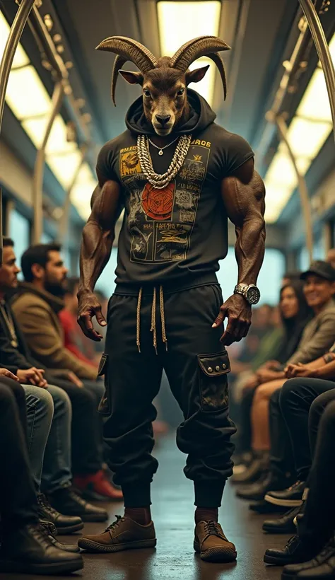 Make a muscular and strong humanoid with hiphop clothes and accessories and a goats head taking a bus