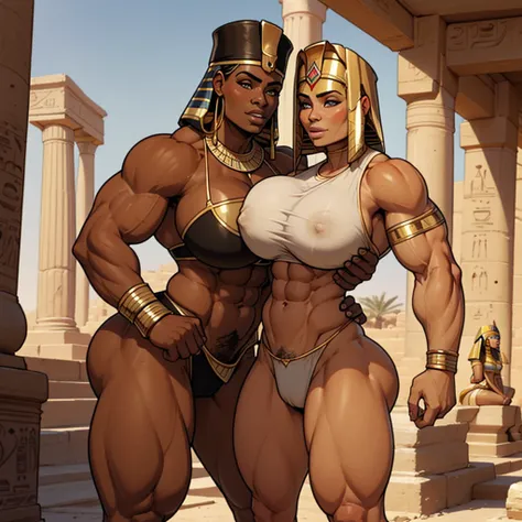 Very huge muscle blonde female ancient egytpian warrior protecting the young pharaoh, with adoring look and huge hypermuscle thighs, pubic hair, (disproportionately big thighs:0.5), extremely tanned, dark skinned, huge pecs, perfectly round breasts, oiled ...