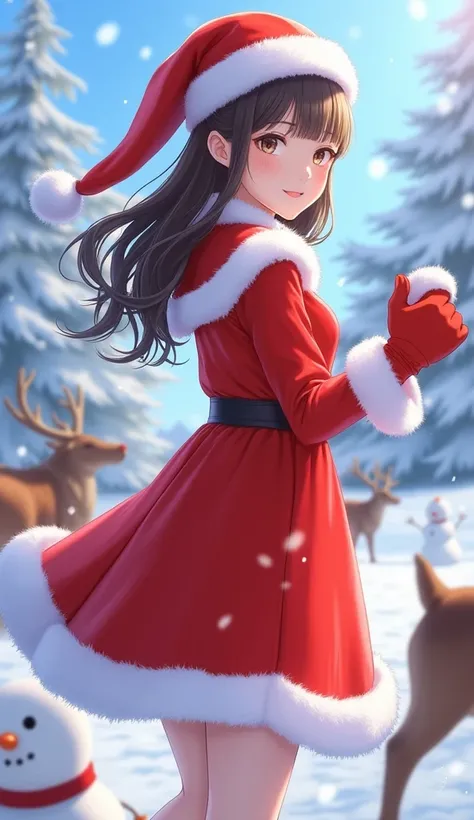 A Christmas fantasy anime girl cosplaying as Santa, wearing a red Santa costume with fur trim, standing in a snowy landscape with reindeer and snowmen, highly detailed, 8K, photorealistic, dynamic lighting, vibrant colors, intricate details, elegant pose, ...