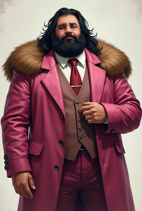 I want you to draw this characters portrait as a dnd human bard. He wears a pink suit and has a brown fur on his shoulders. He weights 120 kg and is 1.70 tall. He has black hair. He has black beard. He is a fat guy.